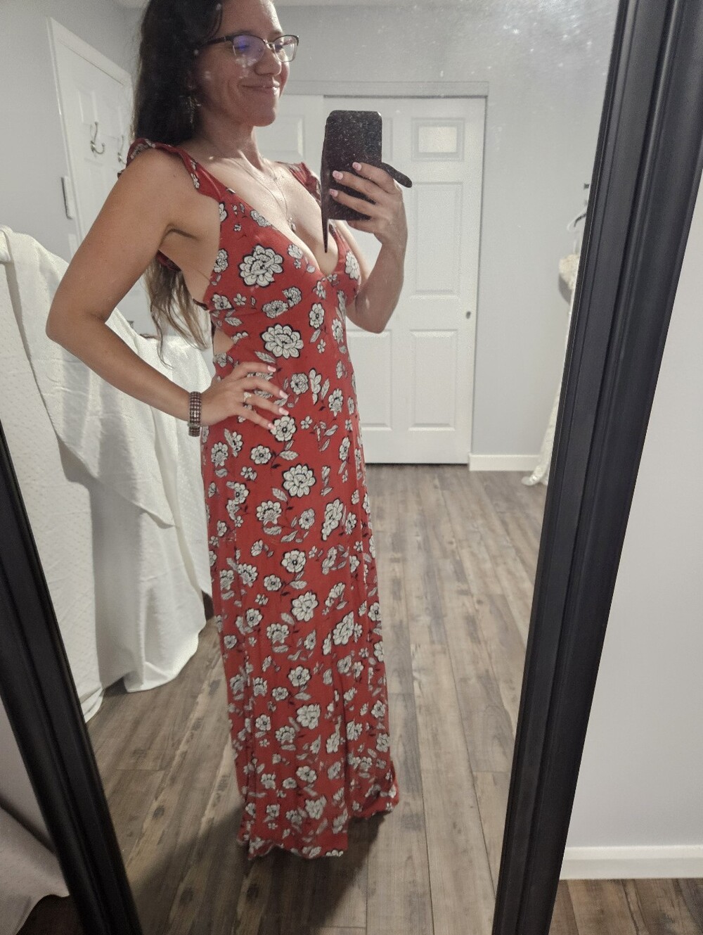 Forever 21 Red Floral Maxi Dress with White and Black Print